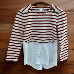 Veronica Beard Women Cropped Button-Up Striped Red Blouse Long Sleeve Size S
